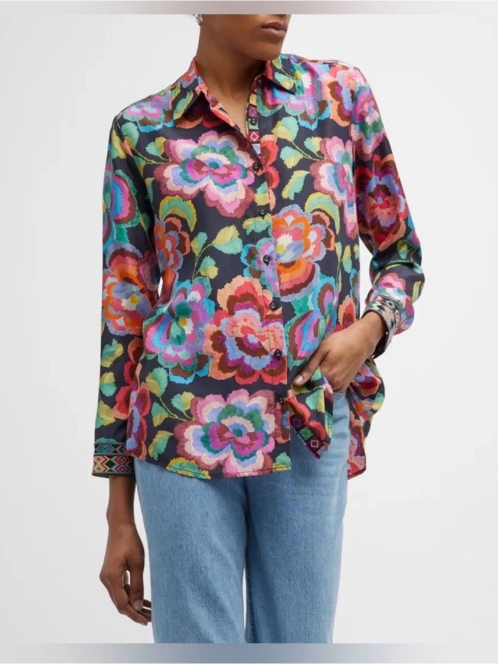 Johnny Was Workshop Calanthe Button Down 100% Silk Floral Blouse - Picture 3 of 11